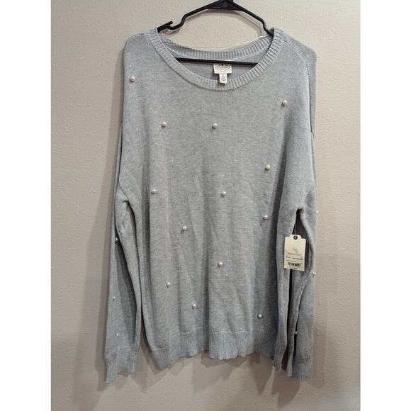 Oversized grey w/ pearl detail cotton blend sweater by St Johns Bay XL NWT - Picture 1 of 8